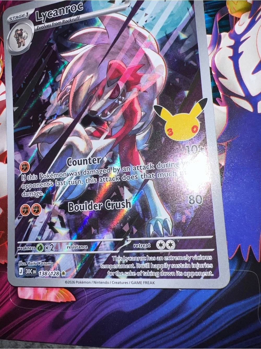 Pokemon Lycanroc Holo Card - White, Red, Blue, Purple